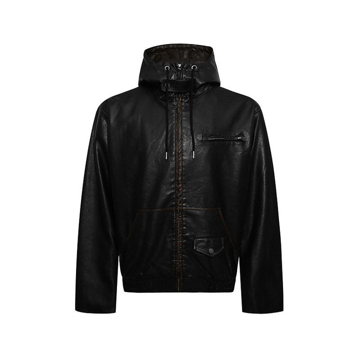 Men's Hooded Leather Jacket in Utility Style with Zipper and Kangaroo Pocket Amarae