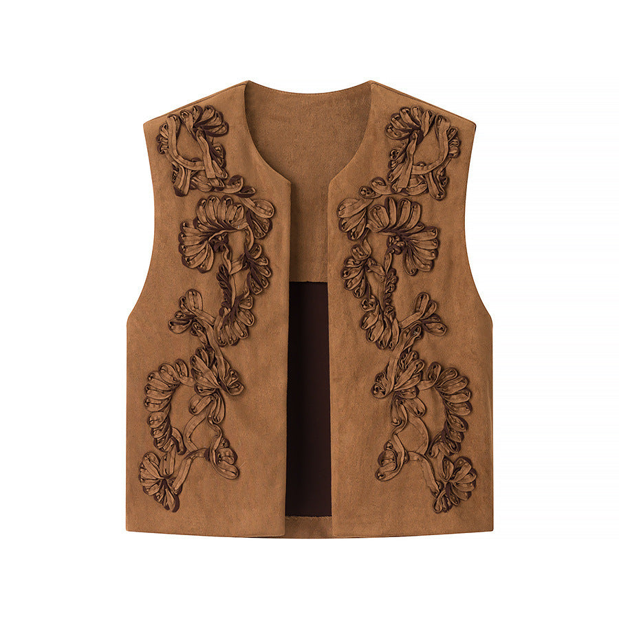 Ladies Embroidered Suede-Look Vest with Three-Dimensional Flower Appliqué Amarae