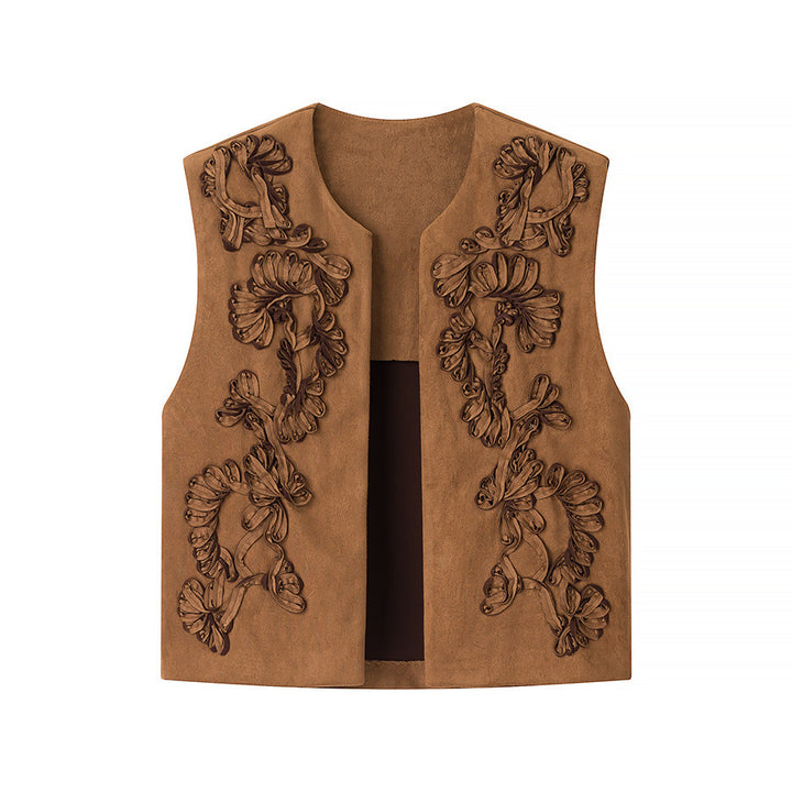 Ladies Embroidered Suede-Look Vest with Three-Dimensional Flower Appliqué Amarae