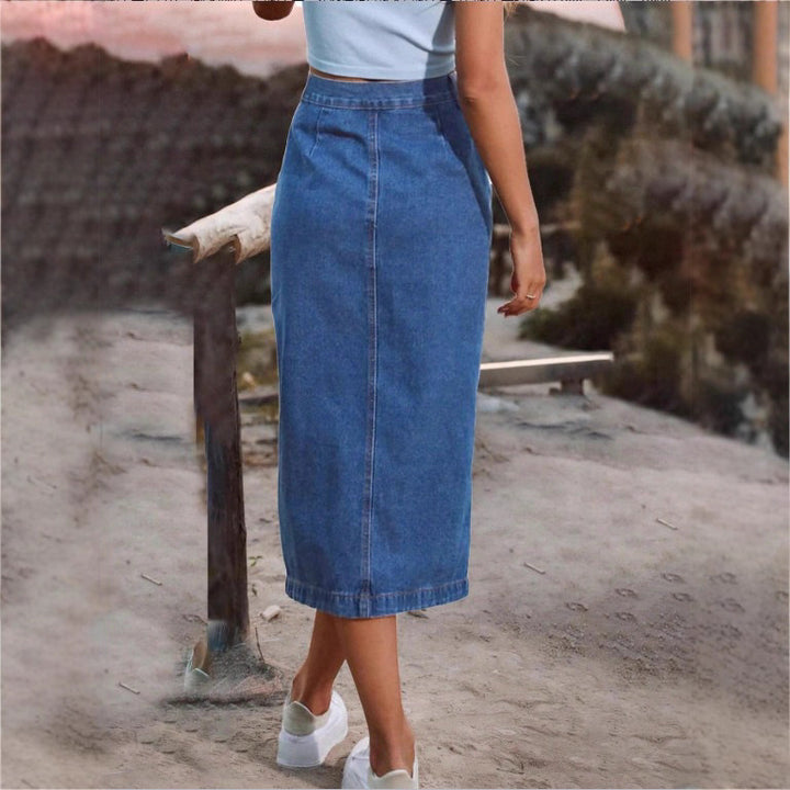 Ladies jeans midi skirt with side button placket and high thigh slit Amarae