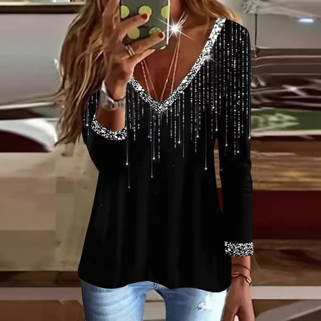 Women Glittering V-Neck Sweater with Elegant Rhinestone Details Chic & Stil