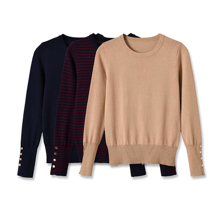 Women's fine knit pullover with stripe pattern, round neckline and decorative button detail Amarae