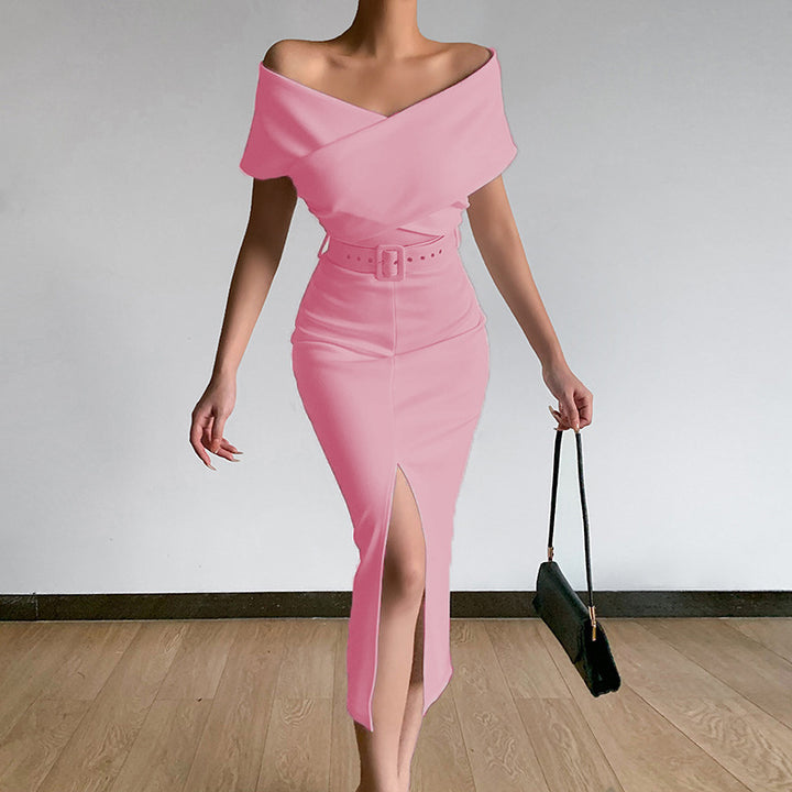 Evening dress for ladies with off-shoulder design and high slit Lune London