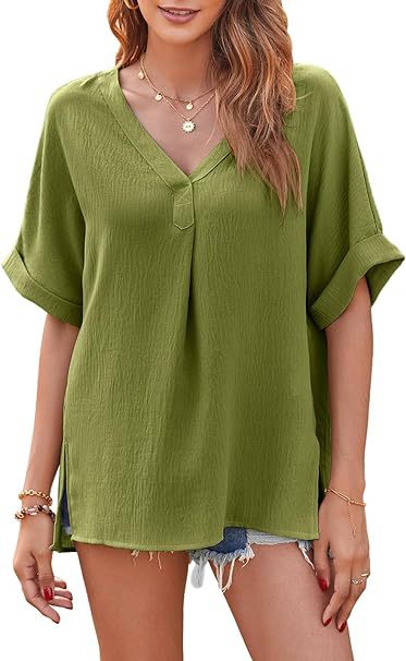Ladies Light V-neck Top with Roll-up Sleeves Lune London