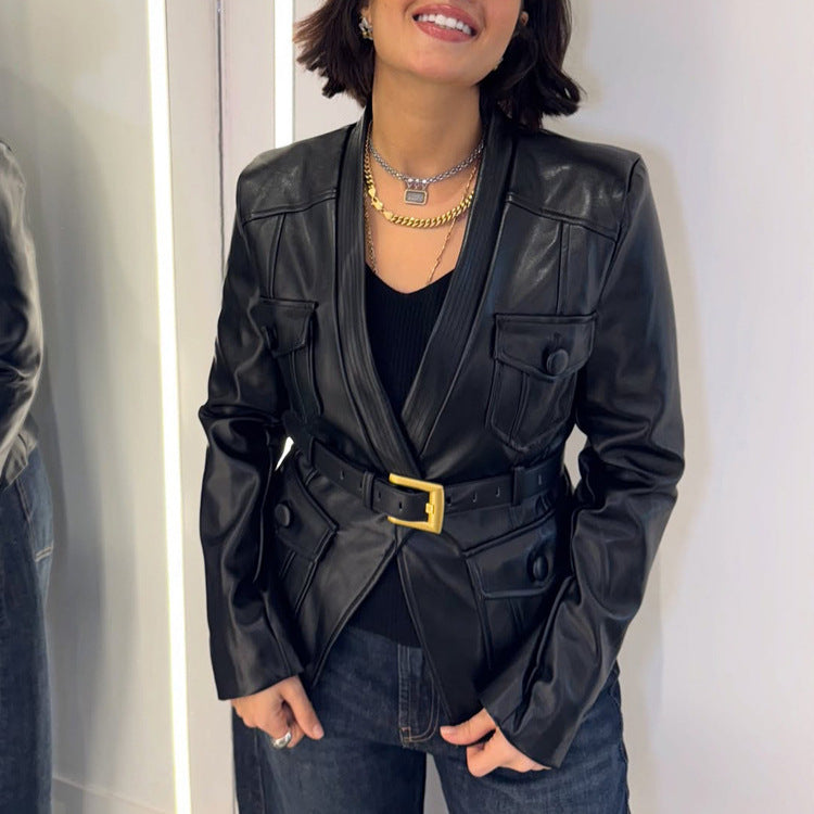 Women's Tailored Leather Blazer in Corset Style with Wide Buckle Belt and Flap Pockets Amarae