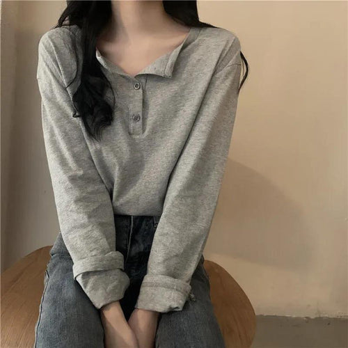 Women's Long Sleeve Henley Shirt with Modern Collar and Continuous Button Placket Amarae