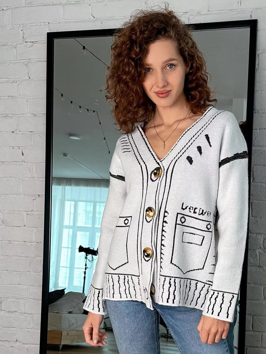 Modern knitted jacket for women with asymmetrical design and decorative buttons Lune London