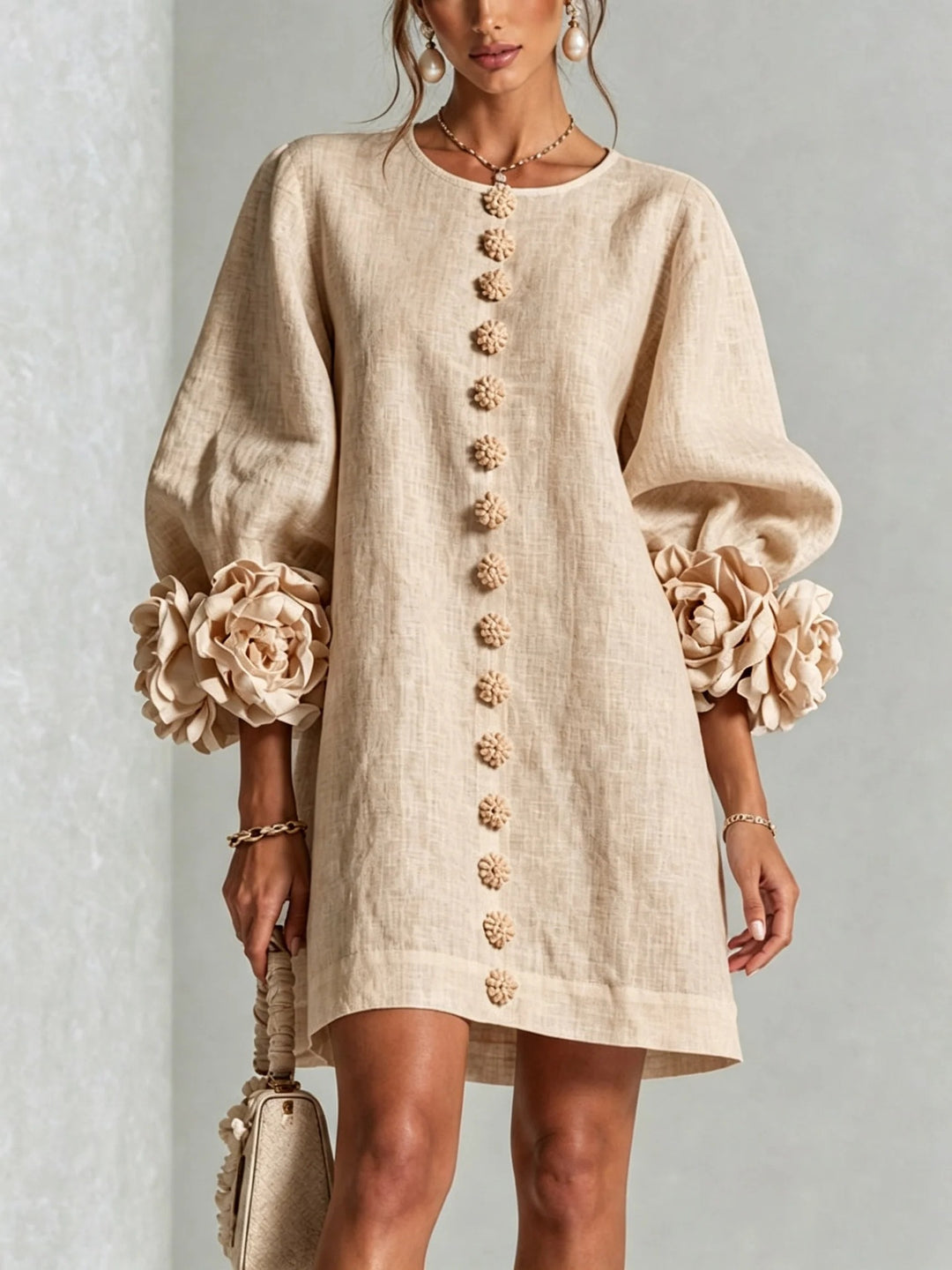 Ladies linen dress in A-line cut with balloon sleeves and 3D flower decoration Amarae