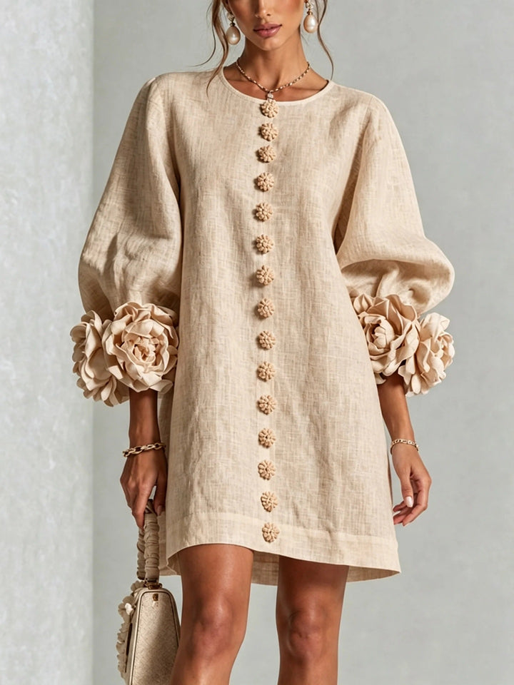 Ladies linen dress in A-line cut with balloon sleeves and 3D flower decoration Amarae