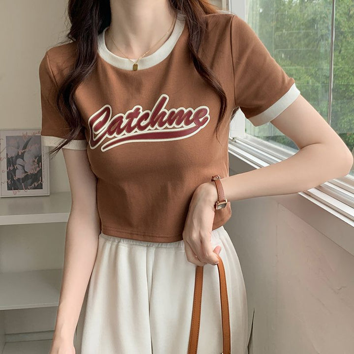 Women’s Casual Crop Top with Contrasting Sleeves and Creative Print Lune London