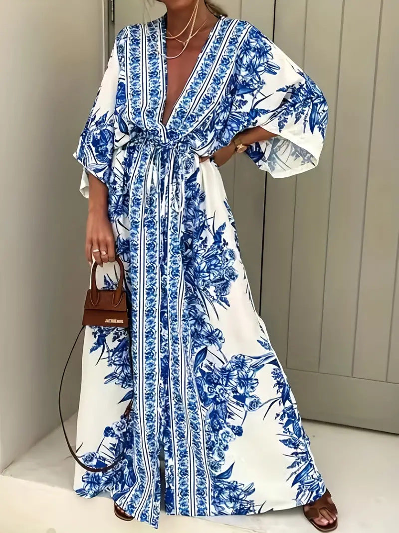 Bohemian maxi dress for women with elegant V-neck and fitted belt Lune London