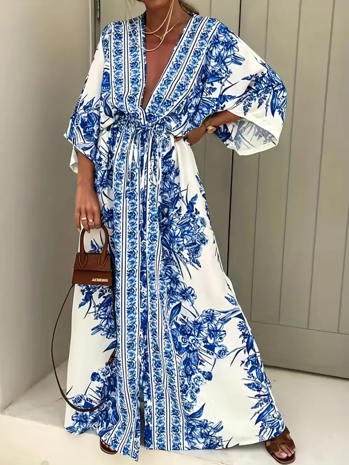 Bohemian maxi dress for women with elegant V-neck and fitted belt Lune London