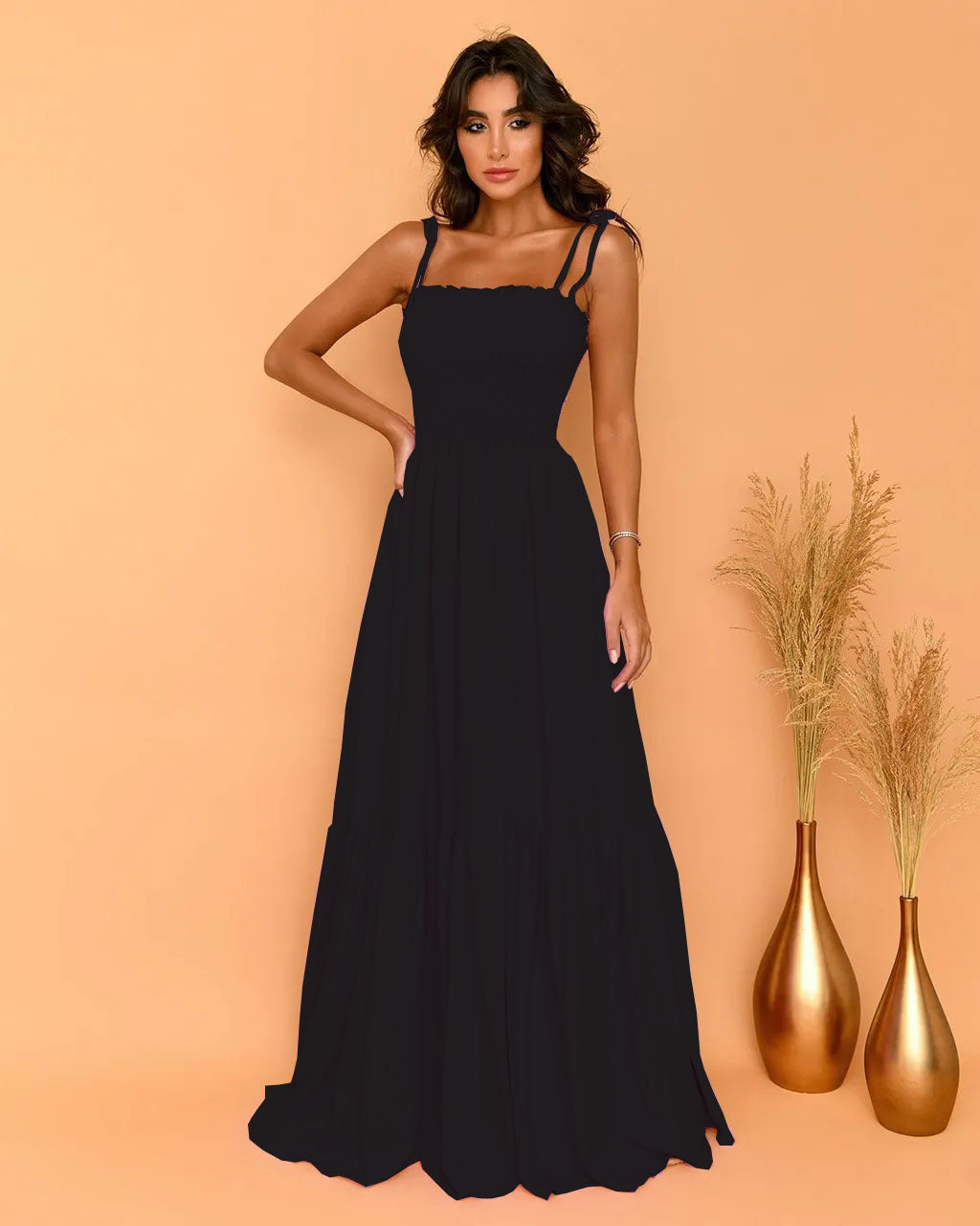 Women's airy maxi dress with spaghetti straps and ruffle details Lune London