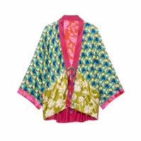 Women's Patchwork Kimono Top made of silk blend with deep V-neck and tie belt Amarae