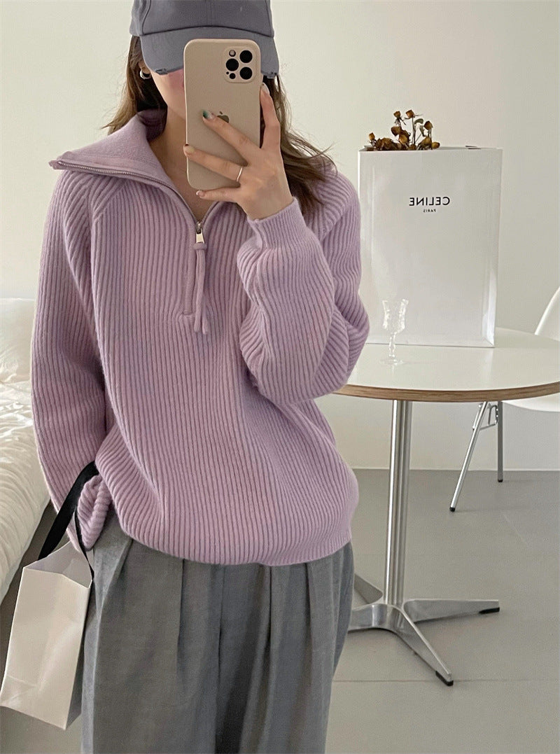 Knitted sweater for ladies with high collar and ribbed structure Lune London