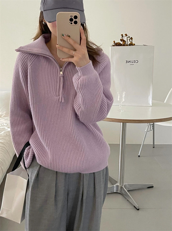 Knitted sweater for ladies with high collar and ribbed structure Lune London