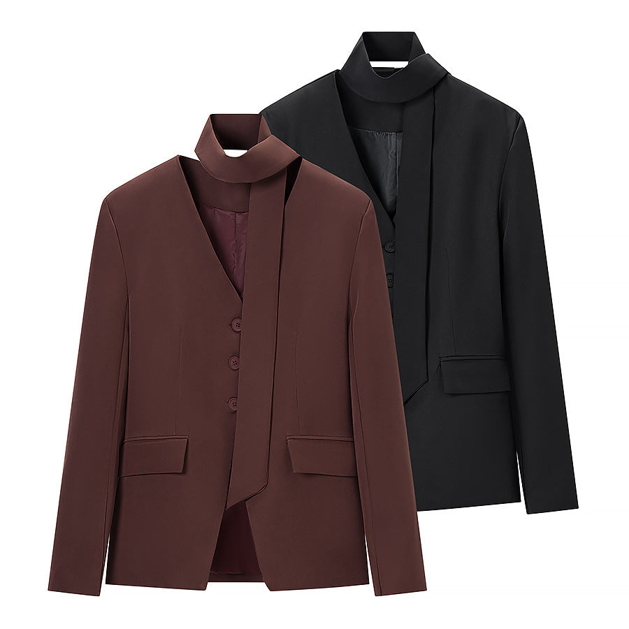 Women's Tailored V-Neck Blazer with Integrated Bow and Flap Pockets Amarae