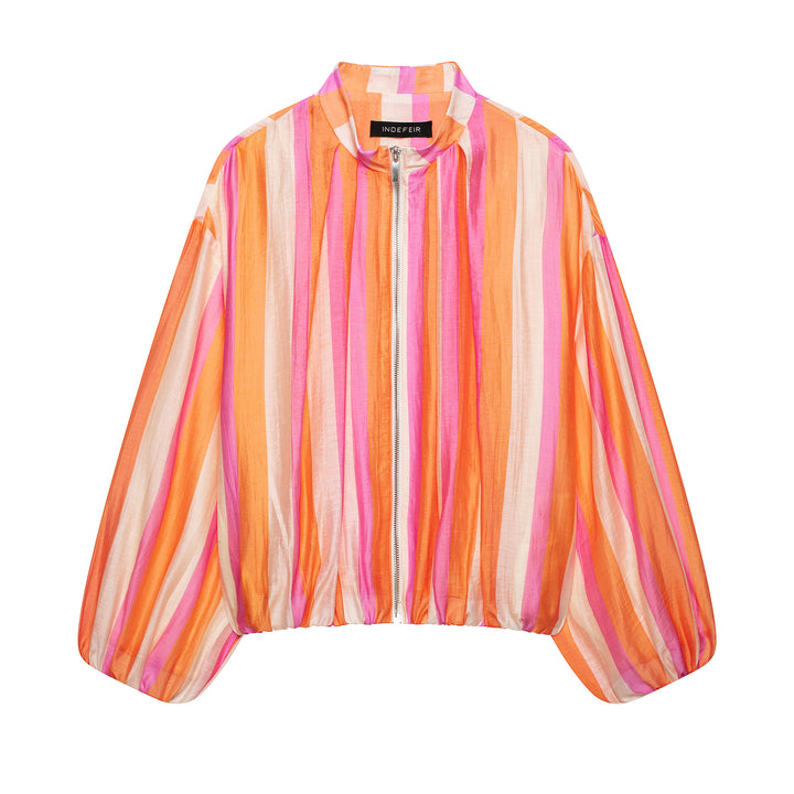 Women Striped Cropped Bomber Jacket with Balloon Sleeves Amarae