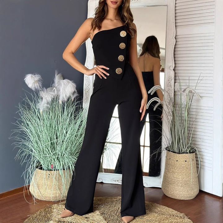 Ladies Elegant jumpsuit with off-shoulder design and decorative buttons Lune London