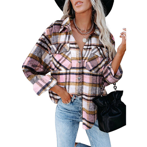 Oversized flannel blouse for women with checkered pattern and button details Amarae