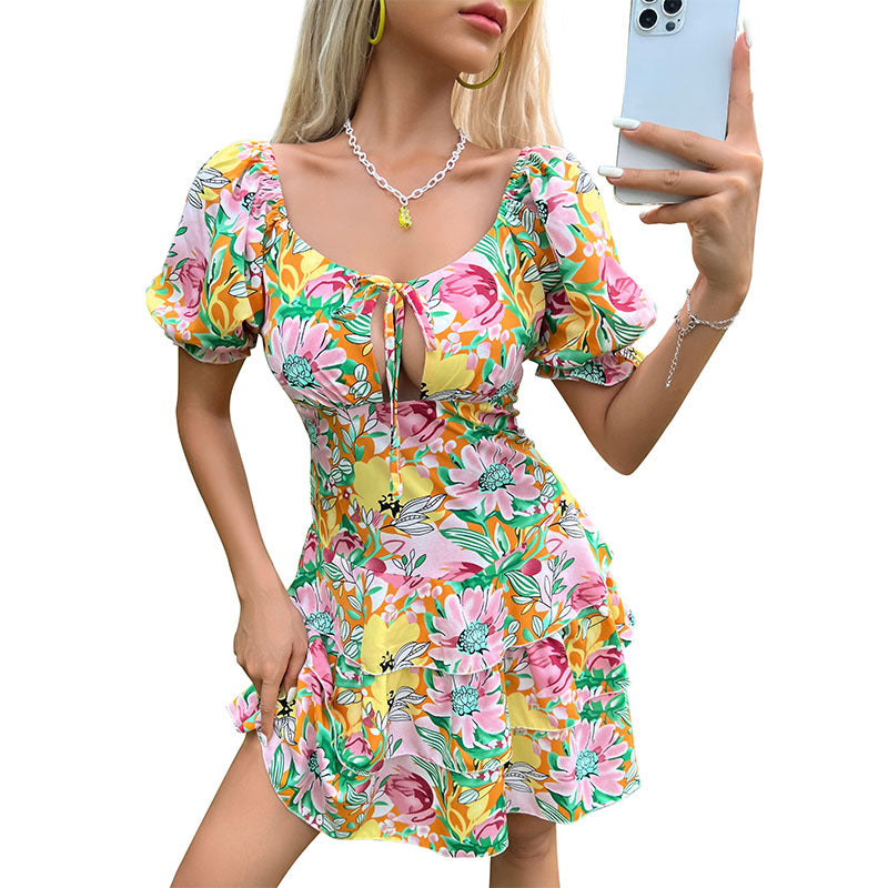 Mini flower dress for women with balloon sleeves and tie detail Lune London