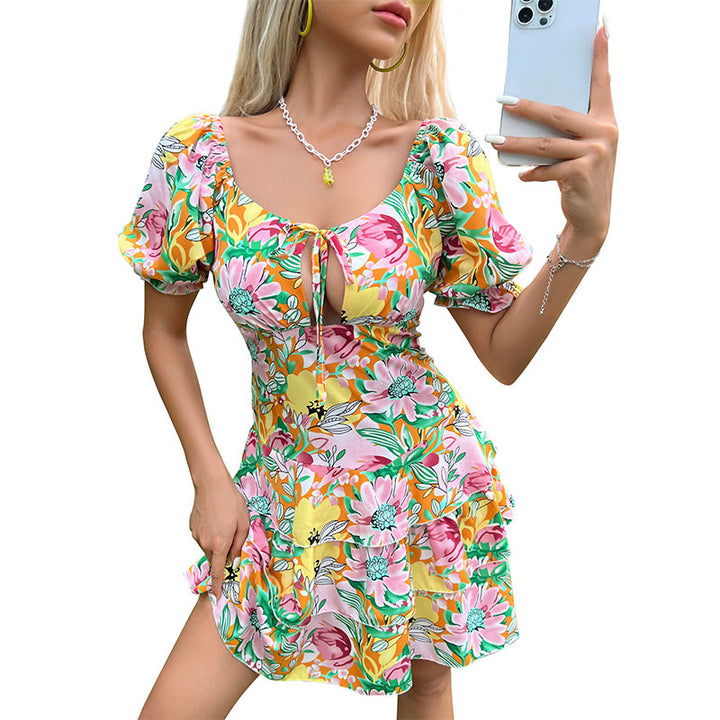 Mini flower dress for women with balloon sleeves and tie detail Lune London