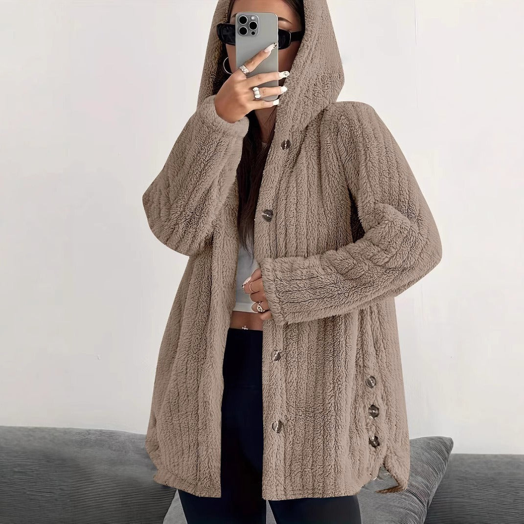 Lady long cozy jacket with long sleeves, hood, and button trim Lune London