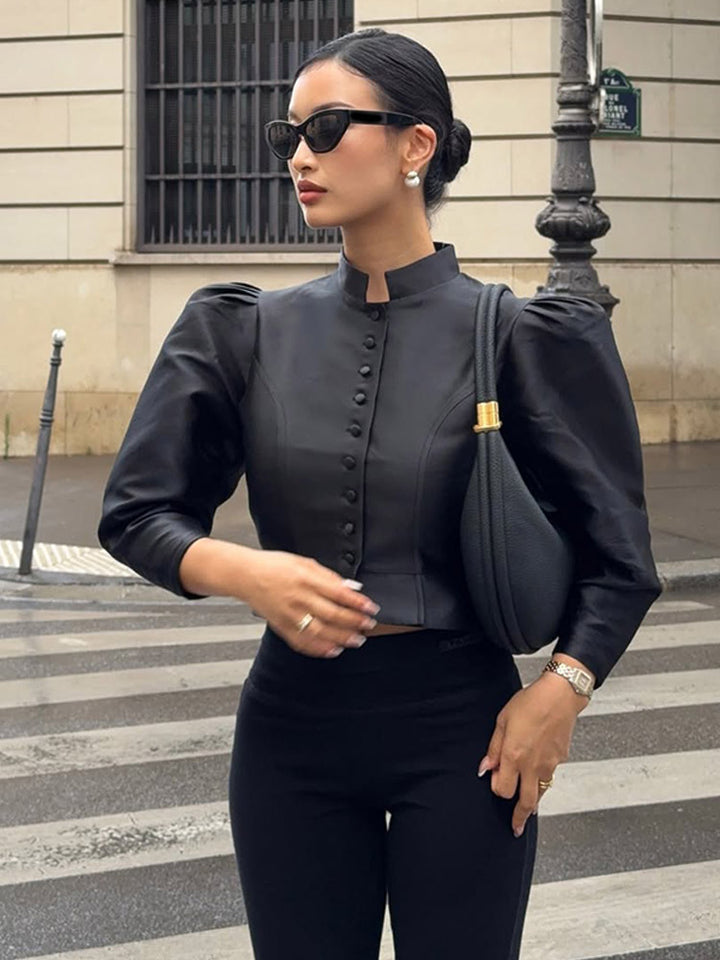 Women Satin Two-Piece with Tailored Short Jacket, Stand Collar & High-Waist Wide Pants Amarae