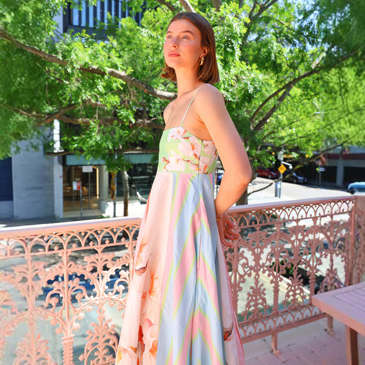 Women's maxi dress with multicolored floral design and stylish striped look