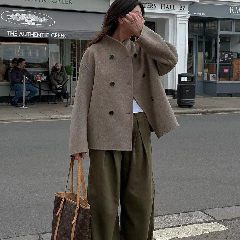 Women Short Double-Breasted Wool Blend Coat with Stand-Up Collar Amarae