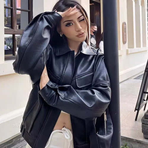 Ladies short-cut faux leather jacket in boxy cut with voluminous balloon sleeves Amarae