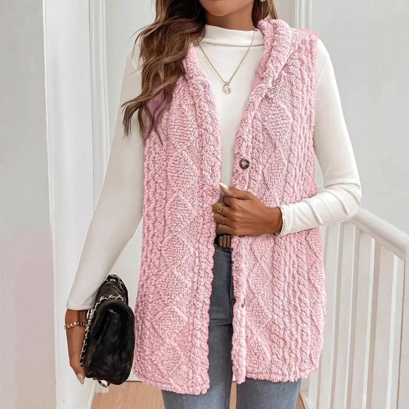 Women's Hooded Teddy Vest with Structured Cable Knit Pattern and Decorative Button Placket Amarae