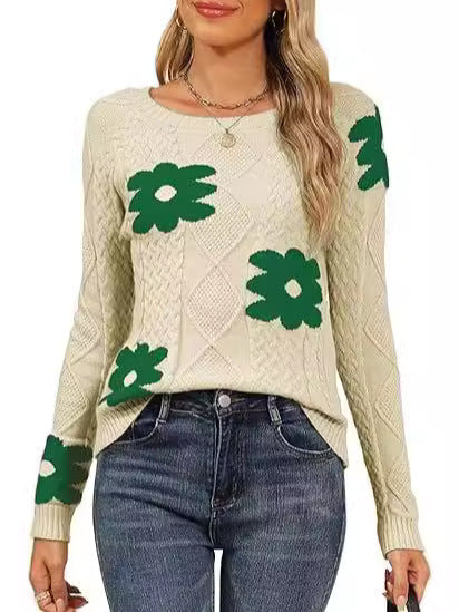 Ladies Large Floral Pattern Knit Sweater Lune London