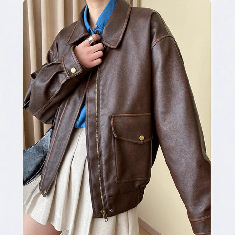 Women's Boxy Faux Leather Pilot Jacket with Flap Pockets and Elastic Hem Amarae