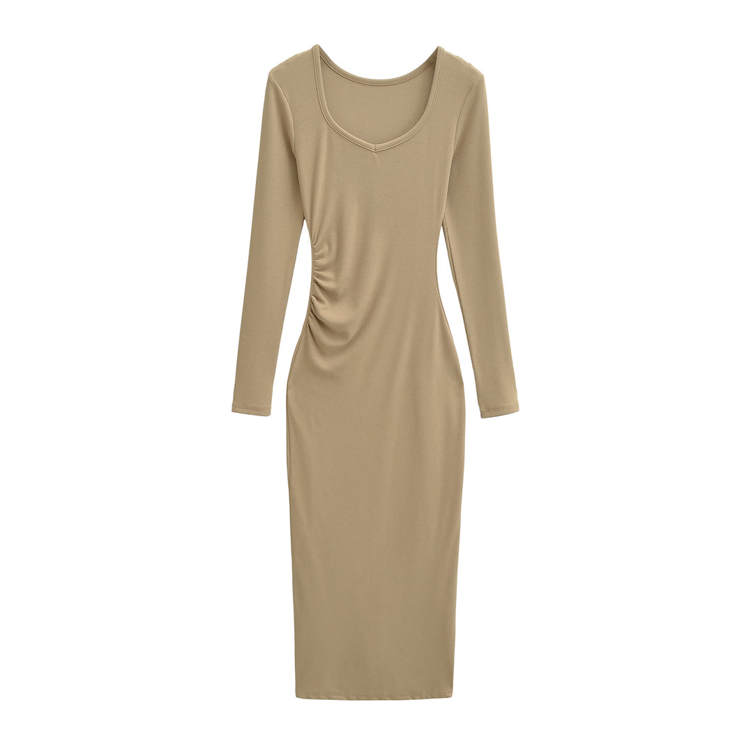 Women's Fitted Midi Dress with Side Ruching and Double Neckline Amarae