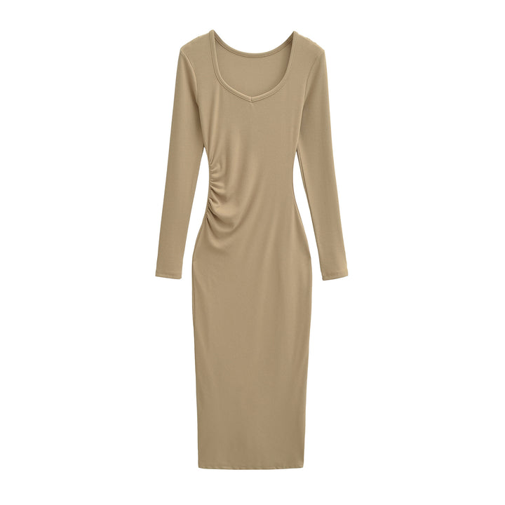 Women's Fitted Midi Dress with Side Ruching and Double Neckline Amarae