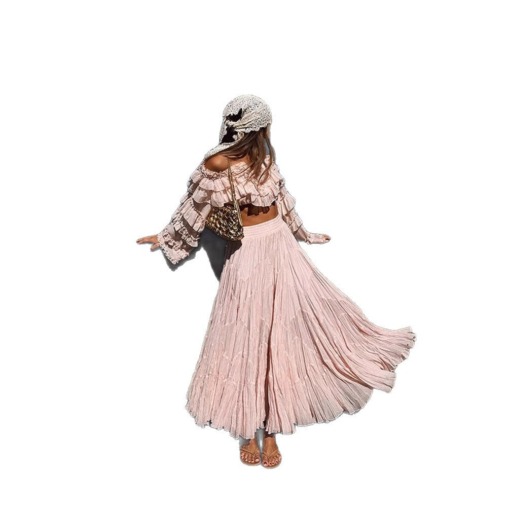 Women's Boho Two-Piece with Cropped Ruffle Top and Pleated Maxi Skirt Amarae