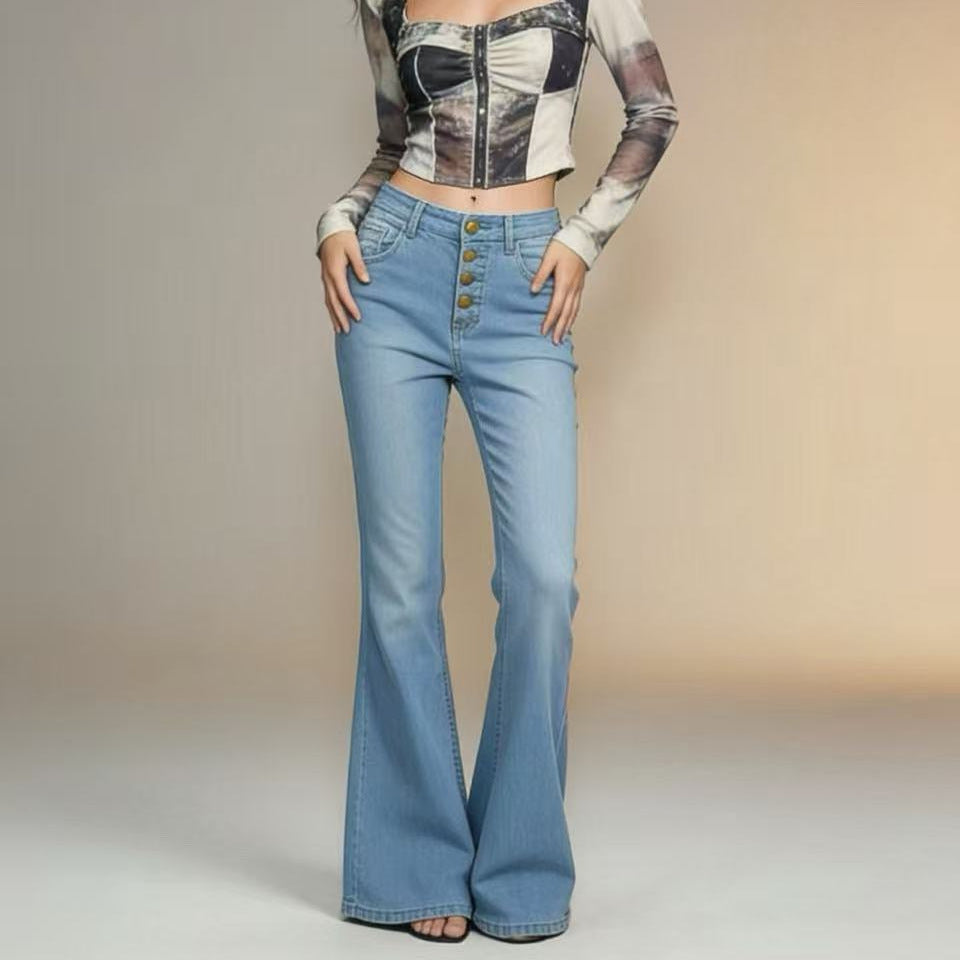 Women’s flared jeans with colorful button details and high waistband Lune London