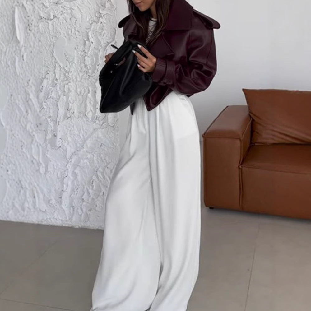 Women's faux leather biker jacket with wide lapels Lune London