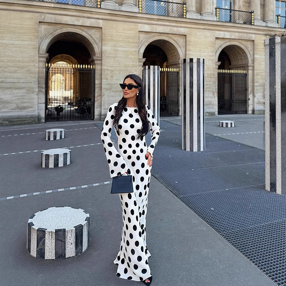 Women's Figure-Hugging Polka Dot Maxi Dress with Trumpet Sleeves & Round Neckline Amarae