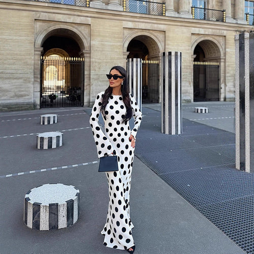 Women's Figure-Hugging Polka Dot Maxi Dress with Trumpet Sleeves & Round Neckline Amarae