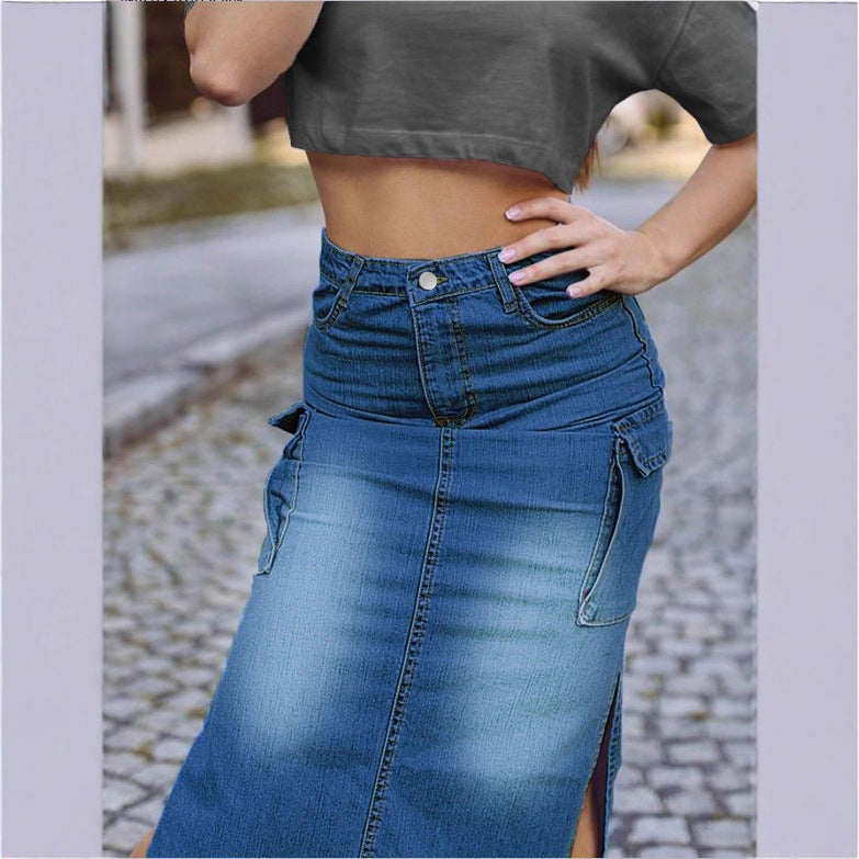 Women's High-Waisted Denim Midi Skirt with Cargo Pockets, Side Slits, and Waist-Defining Cut Amarae