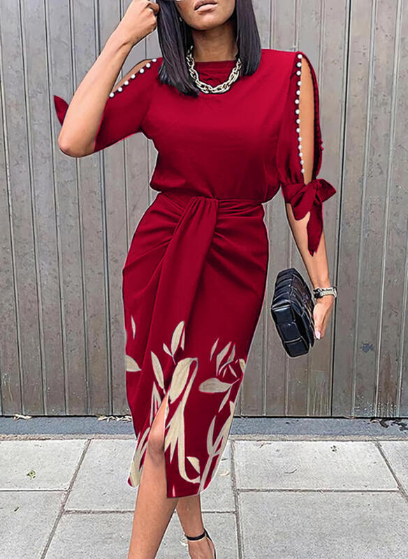 Mid-length dress for women with floral details and an elegant slit Lune London