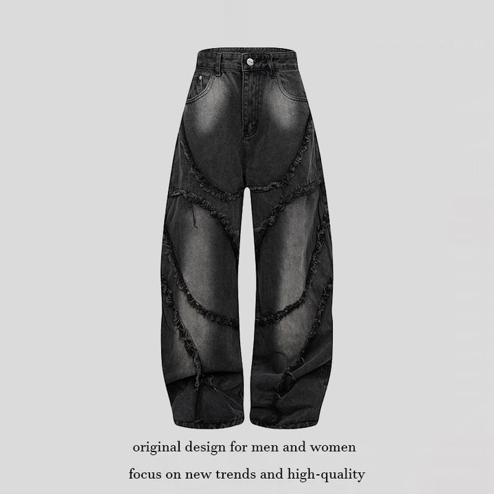 Women's baggy jeans with high waist, balloon-shaped width, and frayed patch seams Amarae