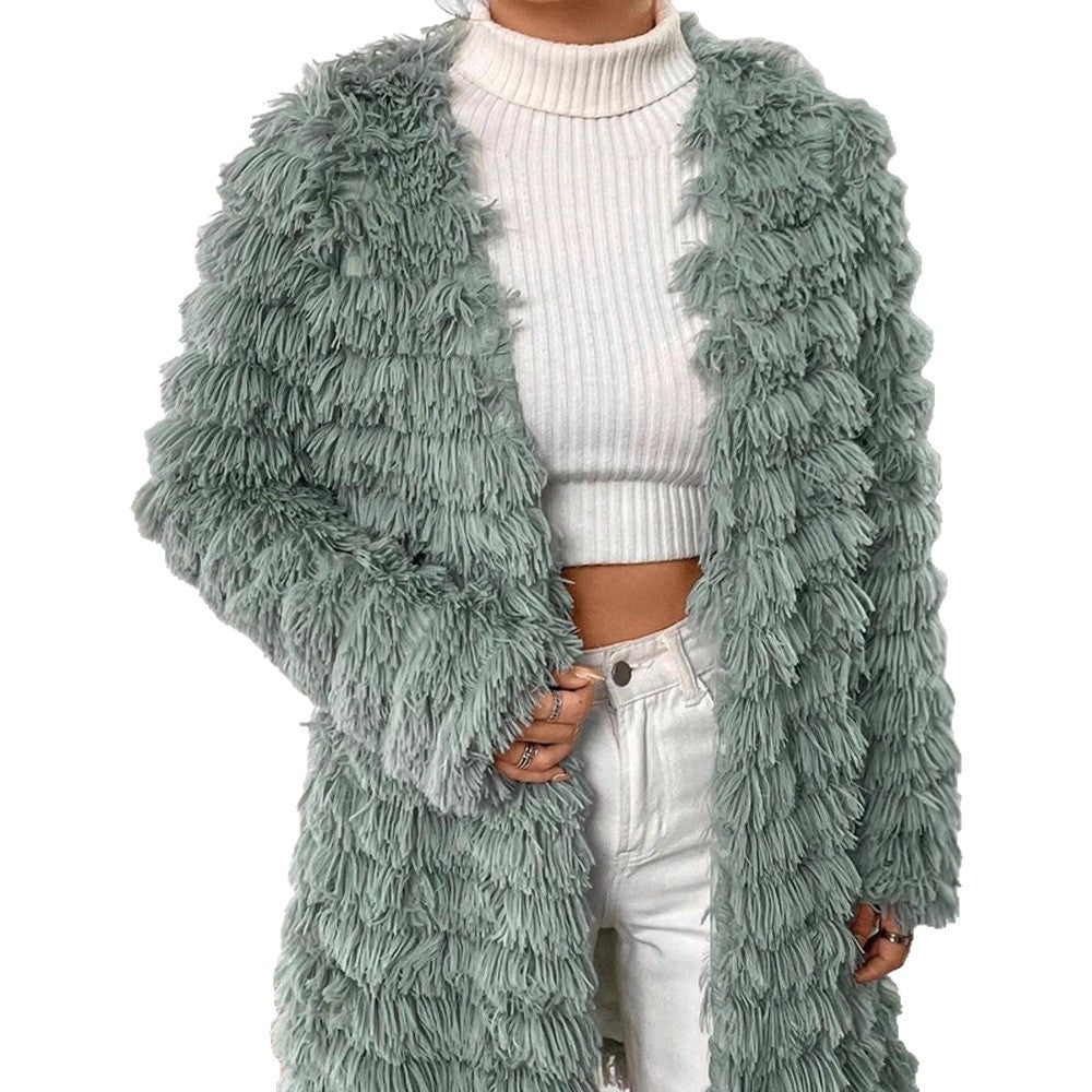 Women Midi-length Plush Coat with Fringe Structure and Open Silhouette Amarae