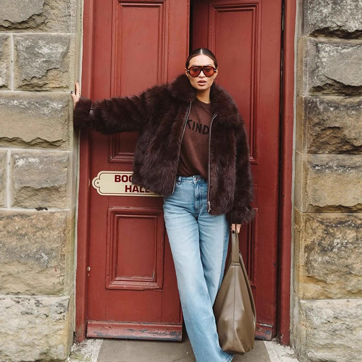 Women's Short Voluminous Faux Fur Bomber Jacket with Zipper and Shawl Collar Amarae