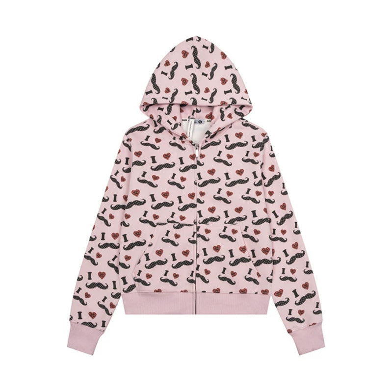 Women's Short Hooded Sweat Jacket with Graphic Print, Ribbed Cuffs, and Kangaroo Pockets Amarae