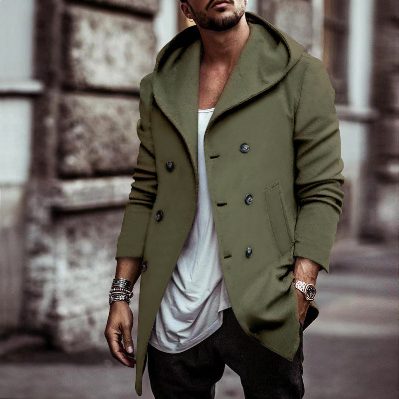 Elegant men's hoodie coat with double row of buttons and wide collar Lune London