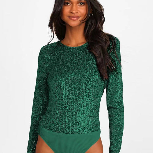 Women's Functional Sequined Bodysuit with Long Sleeve Amarae