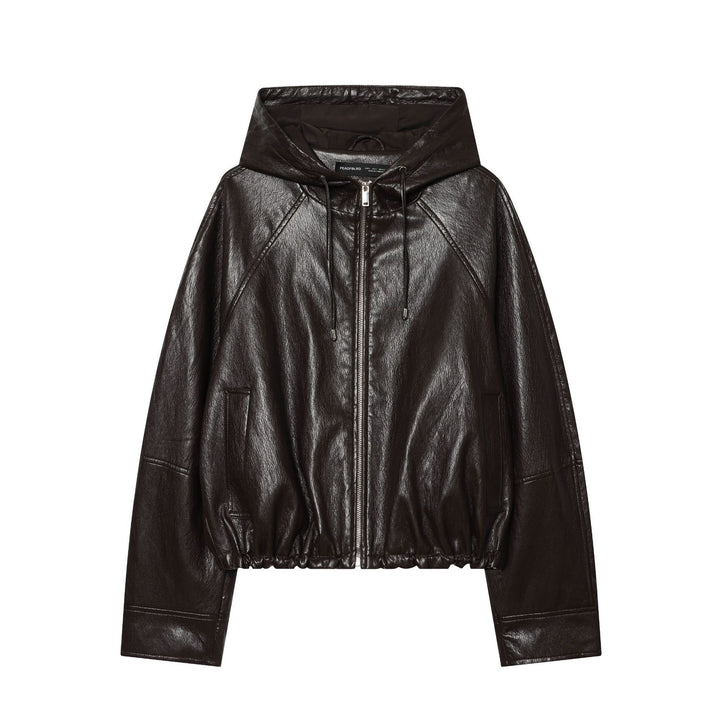 Women's Short Hooded Leather Look Bomber Jacket with Drawstring Hem Amarae